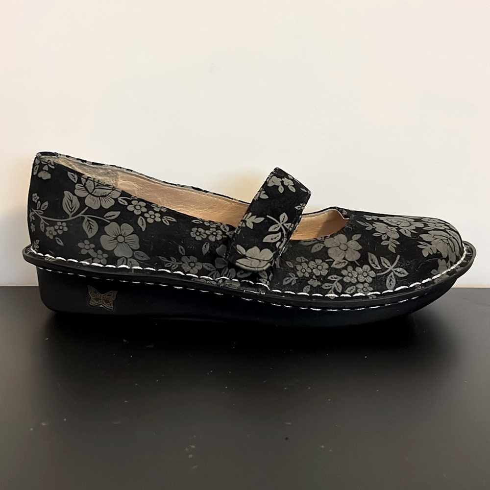 Alegria Black Suede and Grey Floral Mary Janes with Velcro Straps (#FEL-509)